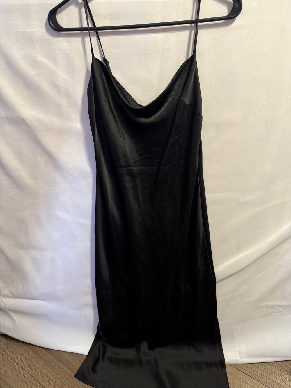 Express Black Satin Slip Dress XS‎ Cowl Neck Adjustable Straps Side Slit